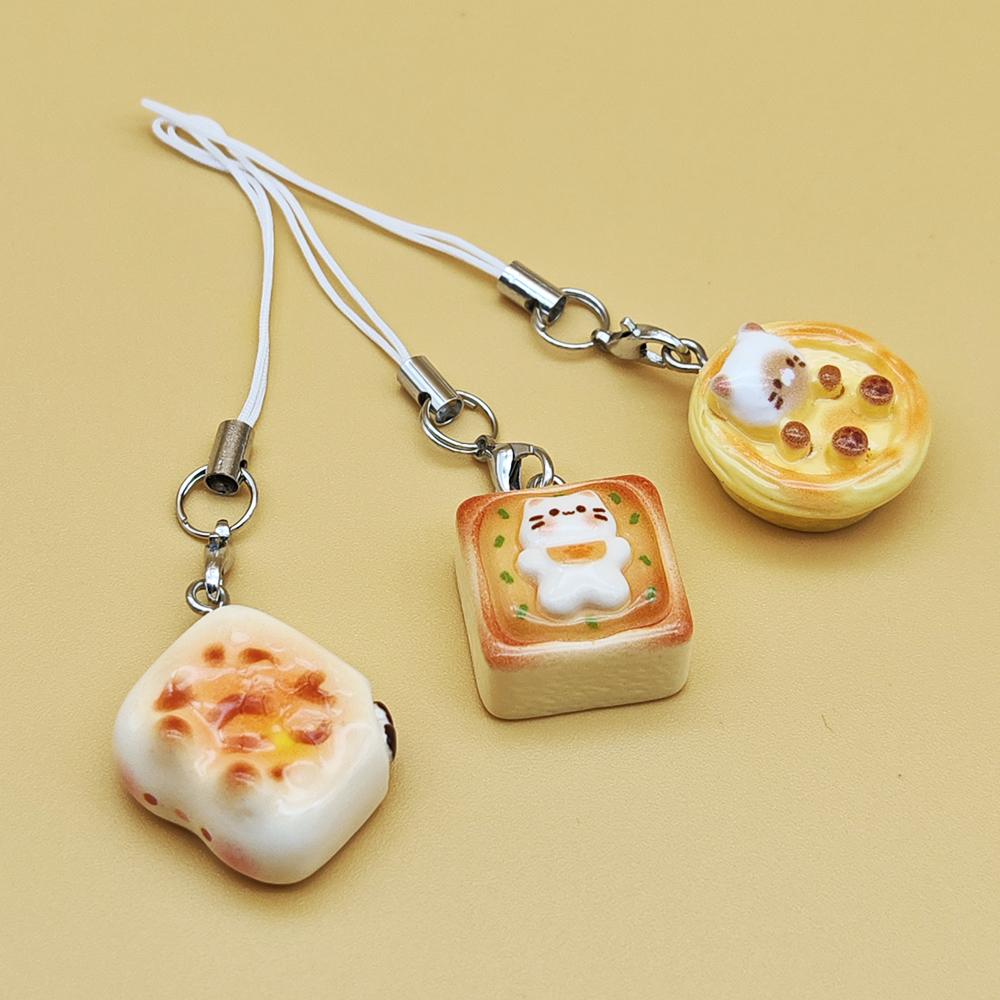 3pcs Set Japanese Style Cute Cat Bread Phone Charms Kitten Toast Keychains Kawaii Lanyard Pendant for Bags Perfect Gift