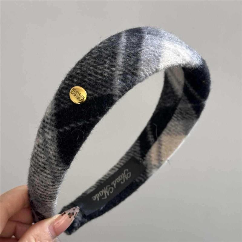 Red Plaid Golden Label Woolen Headband Oval Wide Side High Cranial Top Hair Hoop Fashion Women Daily Styling Hair Accessories