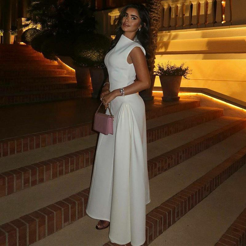 European and American Style Women's Clothing Autumn New Solid Color Sleeveless Fashion Temperament Dress Slim Pleated Long Dress