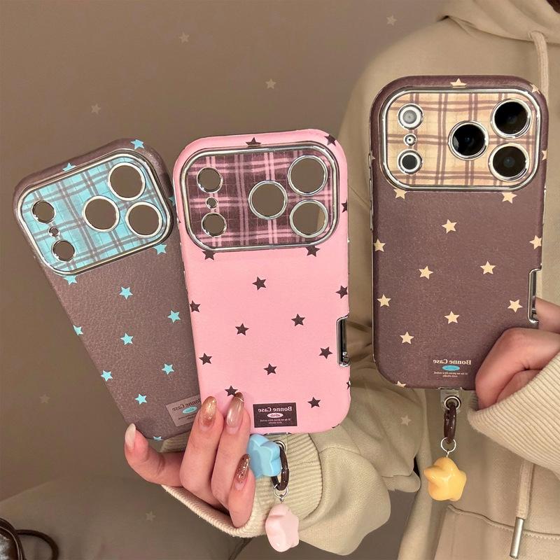 Retro Stars Plating Leather Texture Phone Case For iPhone 17 16 15 Plus 14 13 12 11 Pro Max With Star Pendant Shockproof Cover