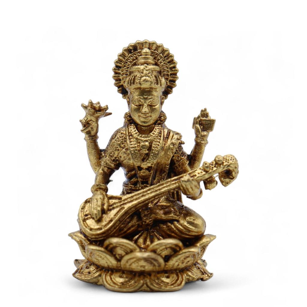 Massief Messing Godin Saraswati Mini Beeldje, 34mm