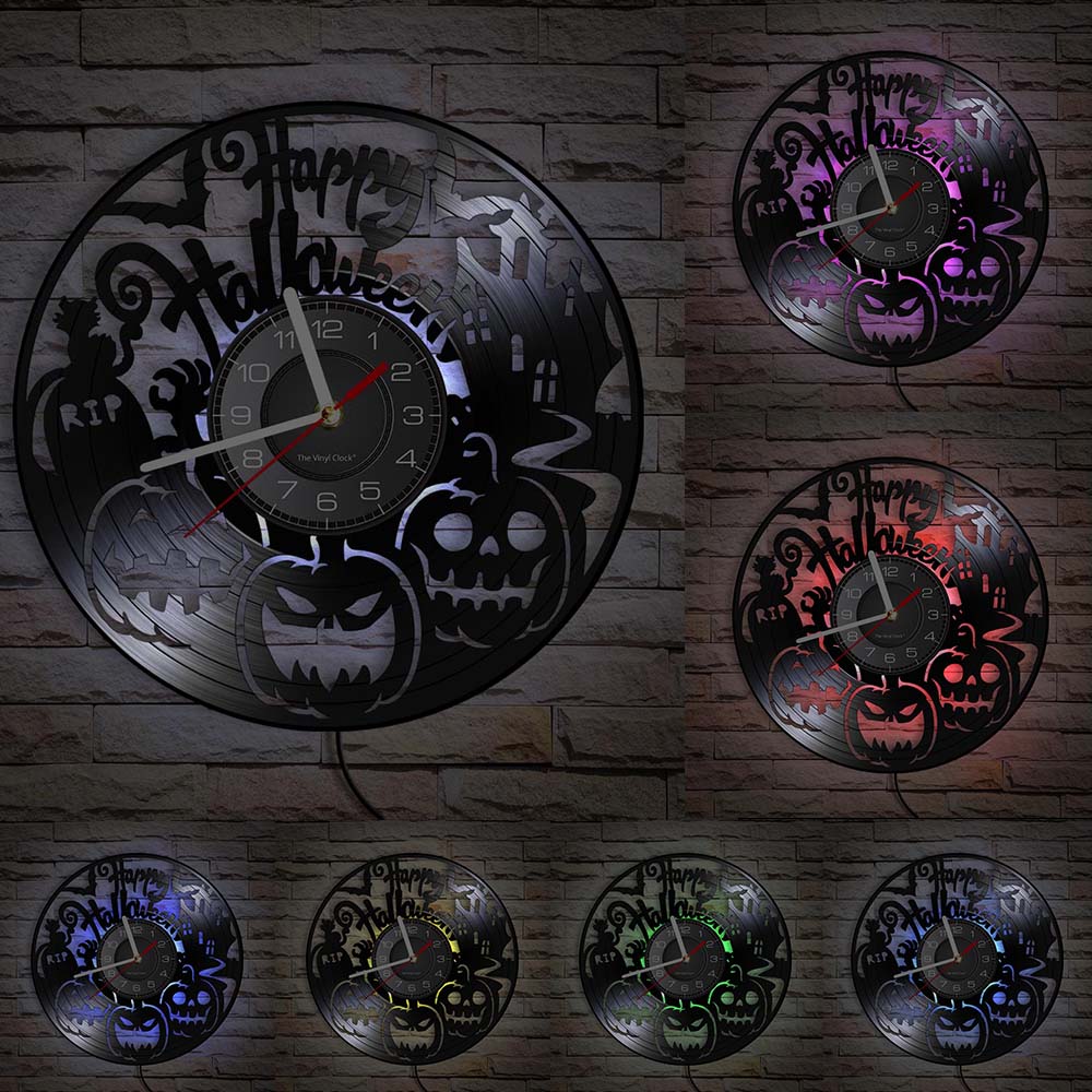 Happy Halloween Nacht Wanddekoration Vinyl Schallplatte Wanduhr Totenkopf Skelett & Geist Vintage Uhr Horror Dekoration Wanduhr