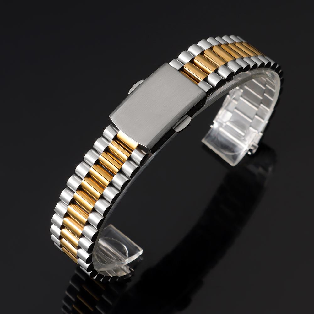 Silver Gold Solid Stainless Steel Watch Bracelet 10mm 12mm 14mm 16mm Universal Watchbands Casual Metal Double Clasp Watch Strap