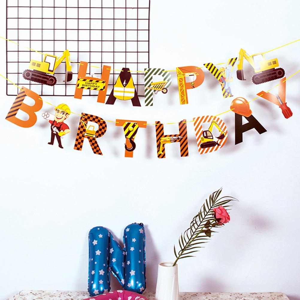 2 Pcs Engineering Car Pull Flowers Happy Birthday Banner Decorations Construction Fornite Ornament Home The Baby