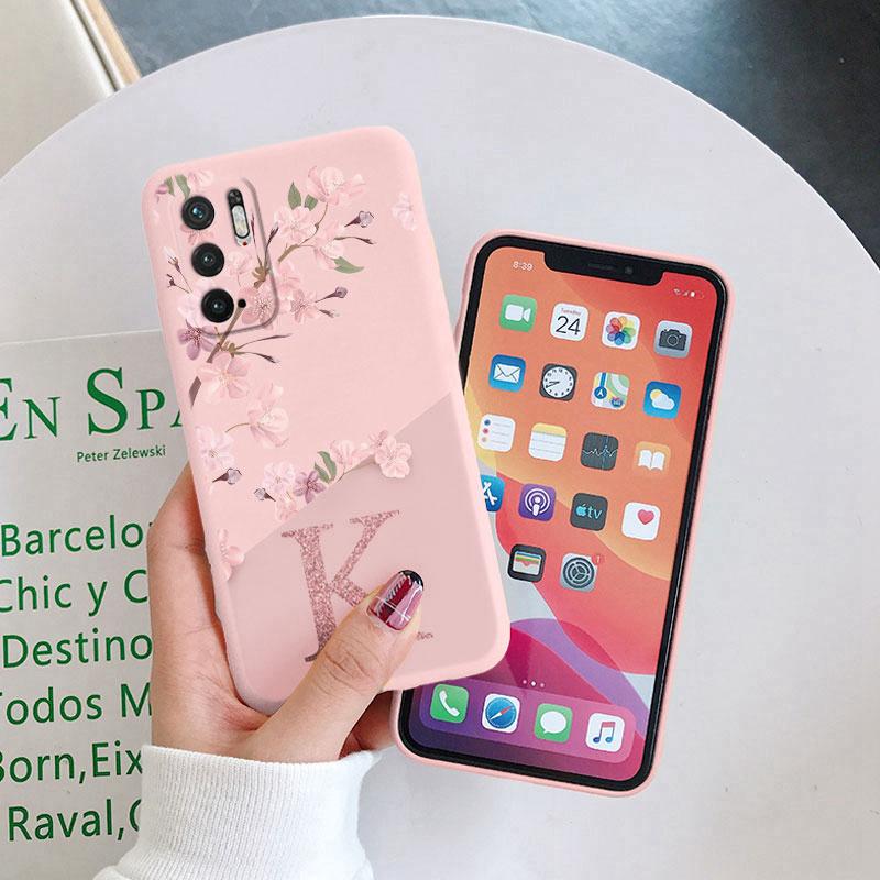For Redmi Note 10 13 10T 5G Phone Case Pink Flowers Initial Letter A To Z Silicone Soft Back Cover Alphabet Couple Shell Coque