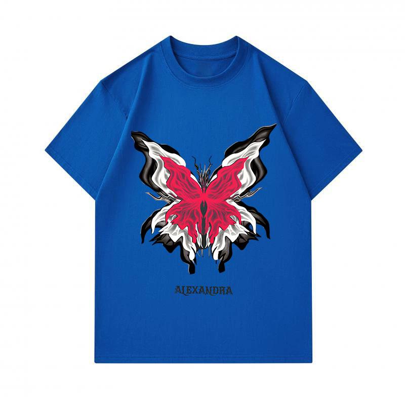 Men's 100% Cotton Crew Neck Short Sleeve T-Shirt, Stylish Abstract Red Butterfly Printed Casual Tees, ALEXANDRA Letter Pattern Soft Comfortable Daily