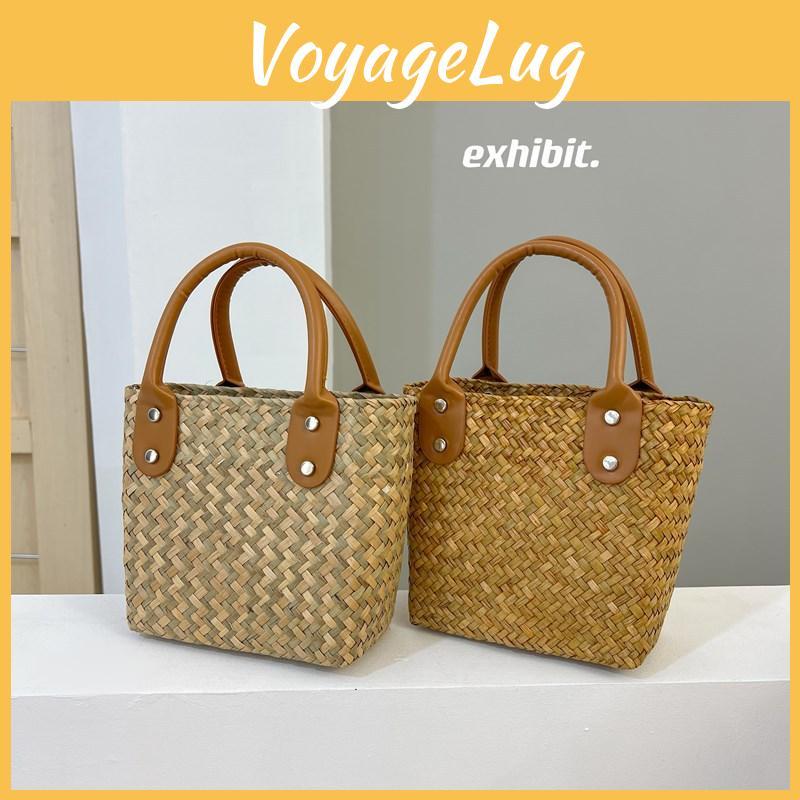 Vintage Basket Woven Bag With Grass Weaving Design For Daily Outings Handbag
