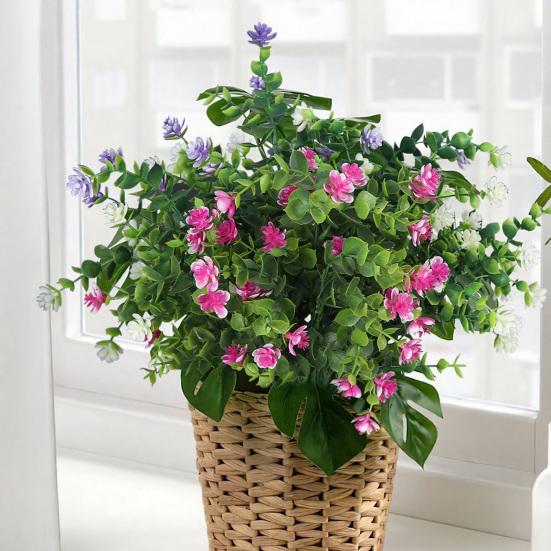 Artificial Camellia Flower with Eucalyptus Leaves 7 Fork Fake Flower with Stem UV Resistant Faux Bloom Indoor Outdoor Wedding Party Decoration