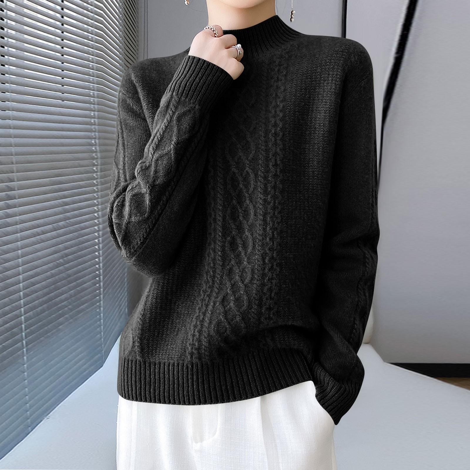 

Жіночий в язаний светр з довгим рукавом і крученим візерунком з напіввисоким коміром M чорний