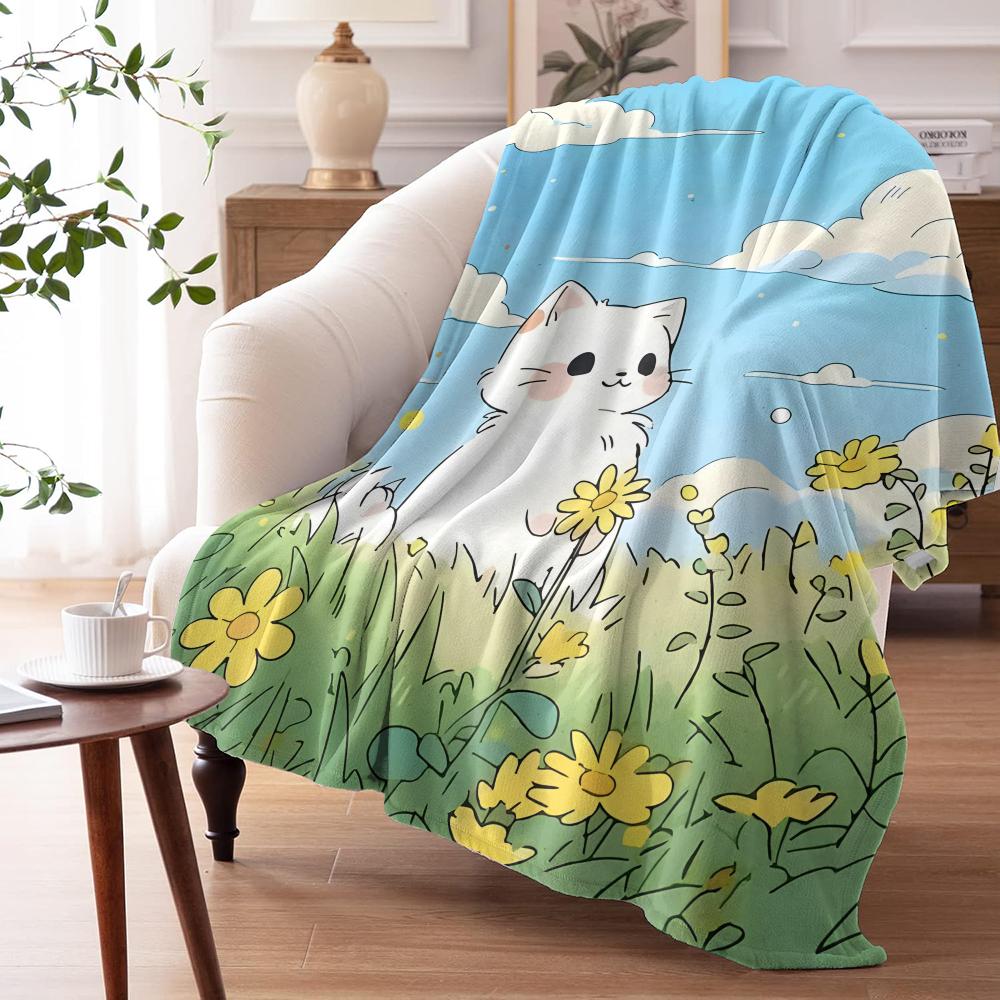 Cute Kitten on Flowers Throw Soft Flannel AC Blanket Lightweight Summer Nap Throw Cozy  Blanket for Sofa Bed Travel Home 100cmx150cm