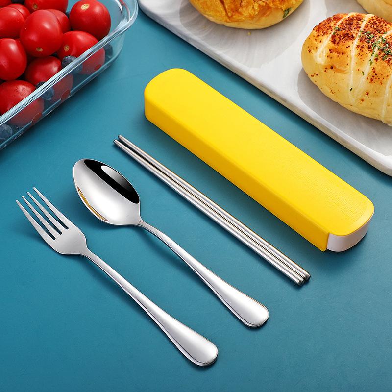 Stainless steel portable storage tableware set, chopsticks, spoons, student office workers with box, fork and spoon three-piece set