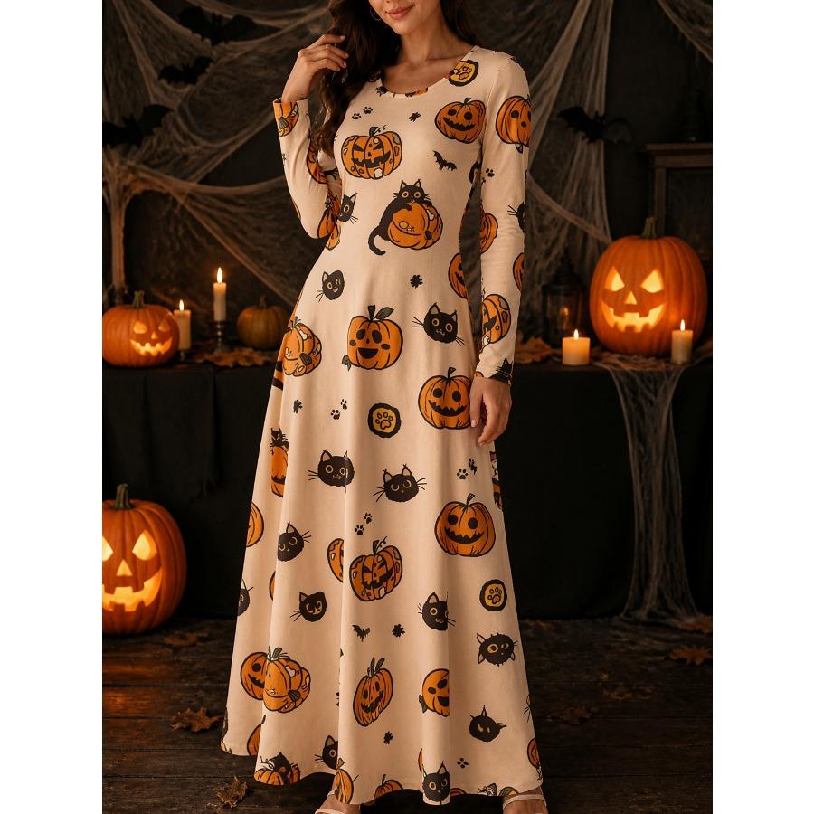 Vestito da Donna con Stampa Ragnatela e Zucca, Girocollo, Manica Lunga, Vestito Maxi Festivo di Halloween