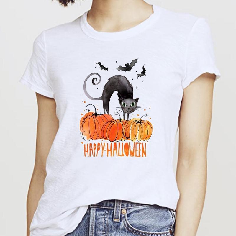 Women T-Shirts Cat Sweet New 2025 Fall Halloween Short Sleeve T-Shirt Female Harajuku Thanksgiving Graphic Oversized Tshirt Tops