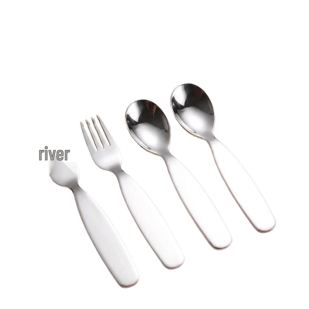 304 Stainless Steel Kids' Cutlery Set: Short-Handled Fork, Soup Spoon, Dessert Spoon, and Baby Spoon with Custom Logo Option.