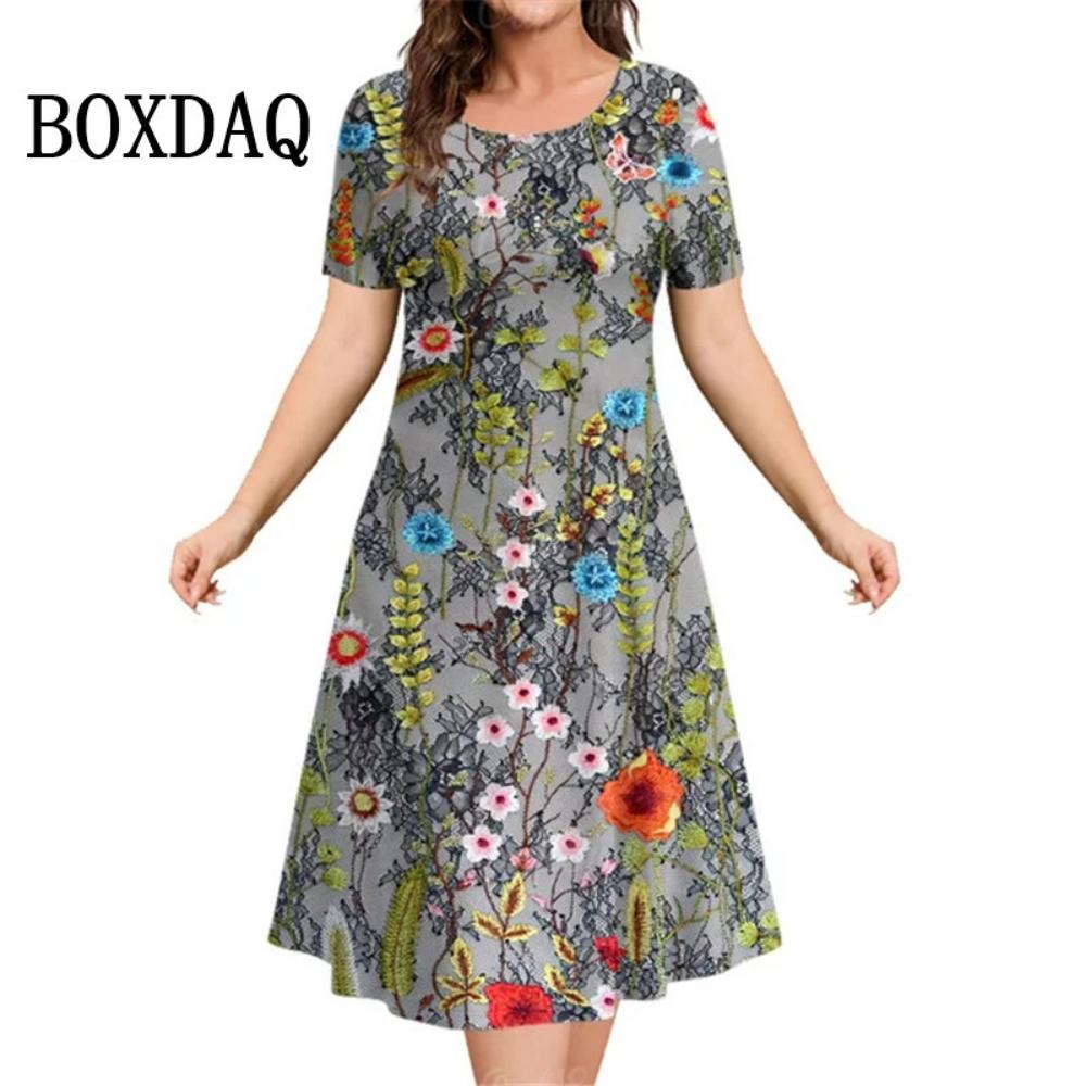 

3d Plant Flower Print Women s Dress 2026 Summer Short-sleeved Clothing Casual Loose Retro Dress 6XL
