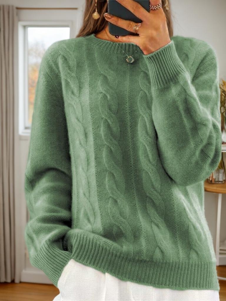 2024 Women's Autumn/Winter Casual Cable Knit Sweater - Solid Color Round Neck Pullover