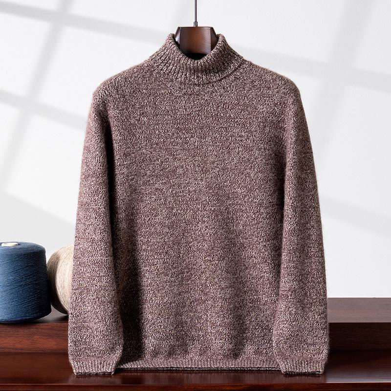 Men's High Neck Cashmere Sweater - Double Ply, Thick, Solid Color Knitwear for Autumn/Winter.