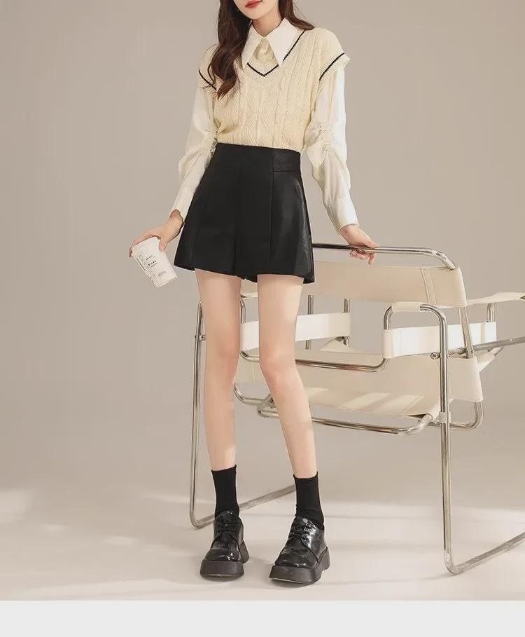 High Waist Women's PU Leather A-Line Shorts, Slim Wide-Leg, Black, Fall/Winter 2023, Korean Style, Perfect with Boots