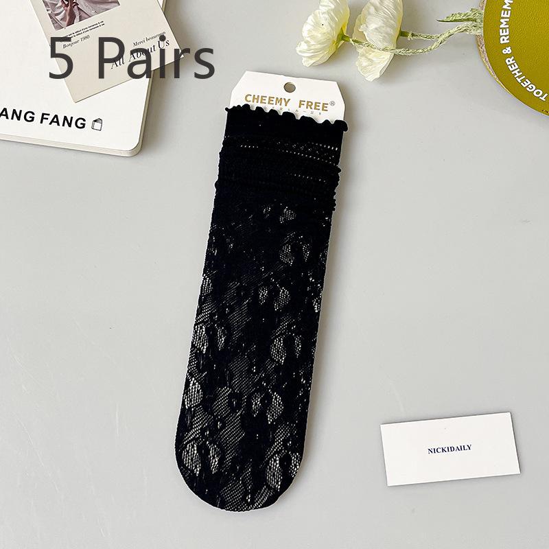 5 Pairs Pairs Women's Spring/summer Mid-tube Socks Princess Wind Lace Lace Pile Socks Wicking Sweat Breathable Mesh Socks