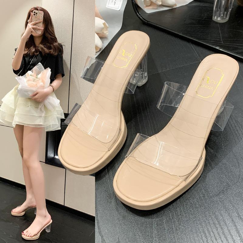 Xia large size transparent crystal high-heeled sandals women's new cool slippers