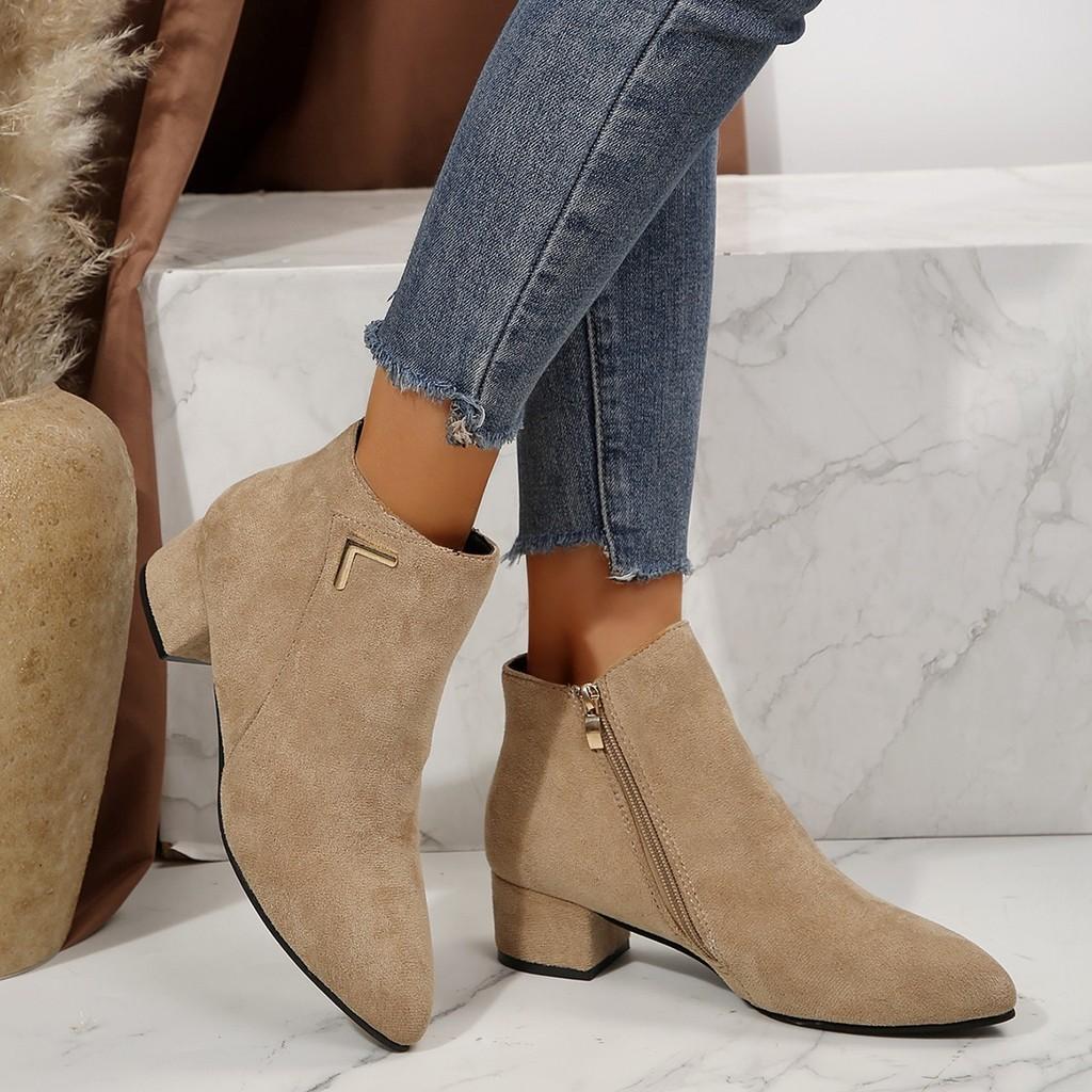 Stylish Black And Beige Chunky Heeled Ankle Boots For Women In Soft Pu Material