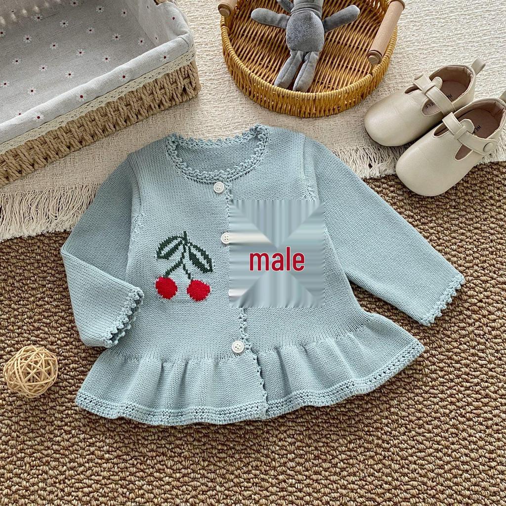 2026 Autumn New Girls' Hand-Knitted Round Neck Sweater Cardigan with Cherry Blossom Design for Baby Girls