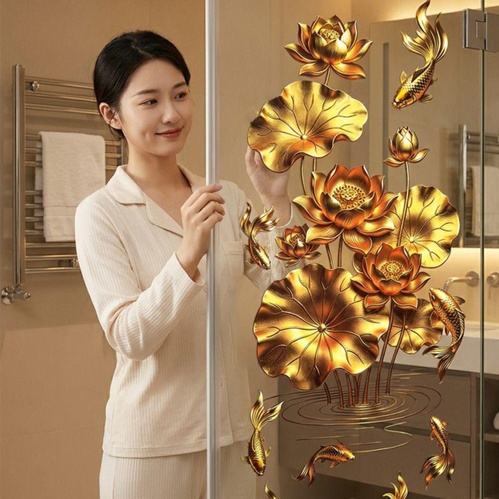 Anti-static Flower Koi Sticker Plastic 3D Effect Golden Lotus Wall Sticker Chinese Style Decorative Sticker