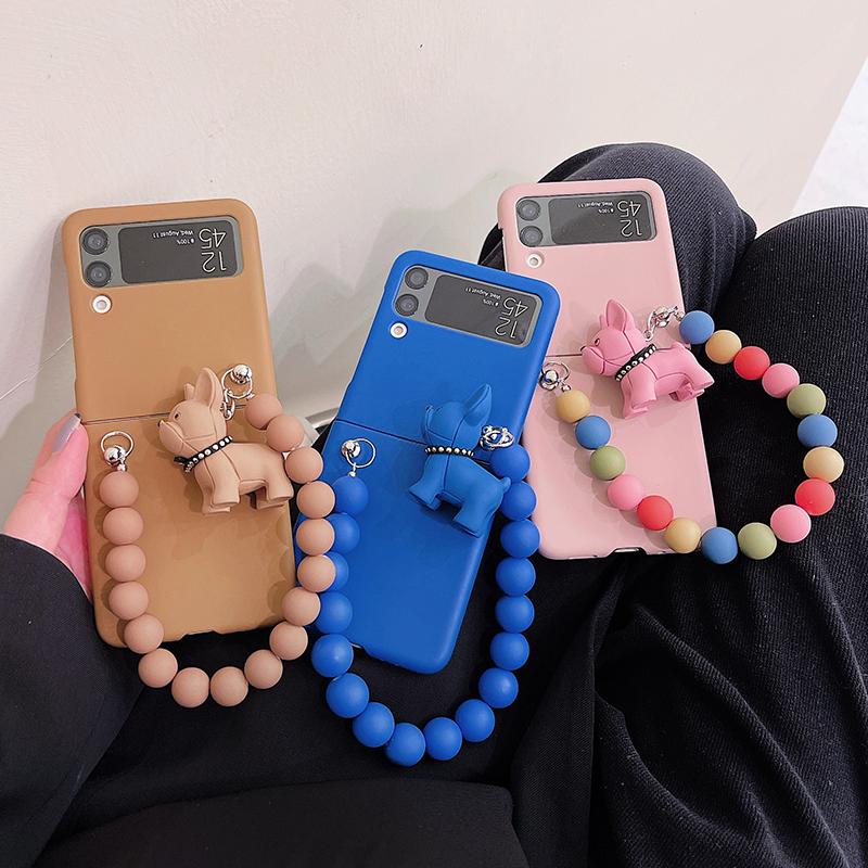 Cute 3d Cartoon Dog Charm Phone Case For Samsung Galaxy Z Flip 3 5g Korea Solid Color Beads Bracelet Full Protection Cover