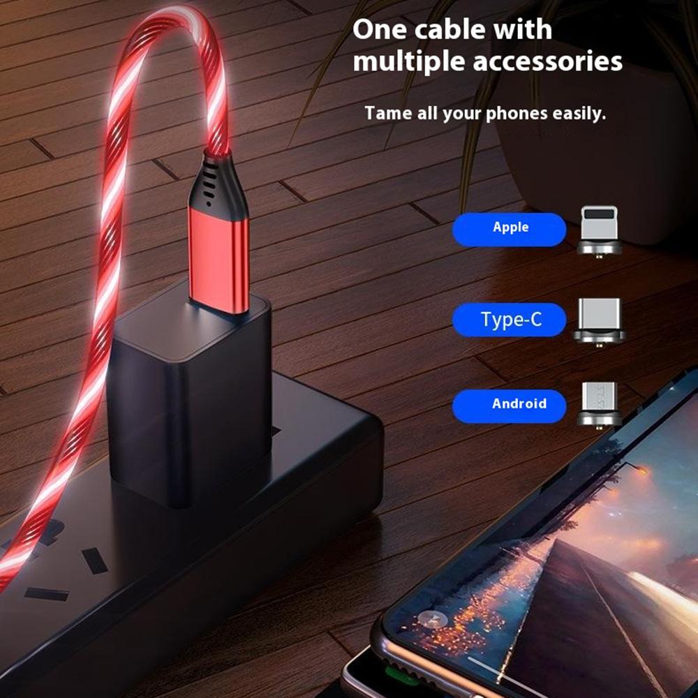 3 in 1 540 Degree Rotating Magnetic Charging Cable with Flowing Light 1m Elbow Gaming Cable for Apple/Android/Type-C