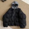 Knitted hooded puff cotton-padded clothes for women's new fake two-piece loose cotton-padded clothes, warm and thickened cotton-padded jacket.