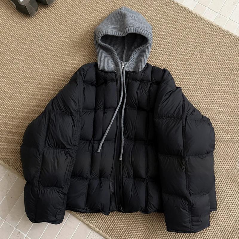 Knitted hooded puff cotton-padded clothes for women's new fake two-piece loose cotton-padded clothes, warm and thickened cotton-padded jacket.