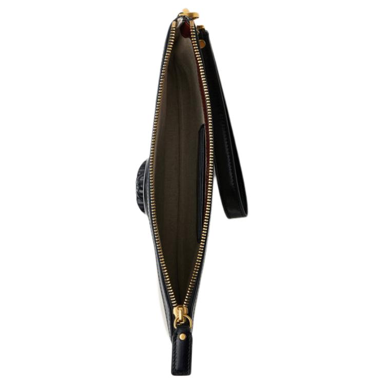 Versace Rivière Logo Zip Closure Linen Cotton Blend Calfskin Clutch Women Clutch Black Beige 1025251-1A17864-2K00J