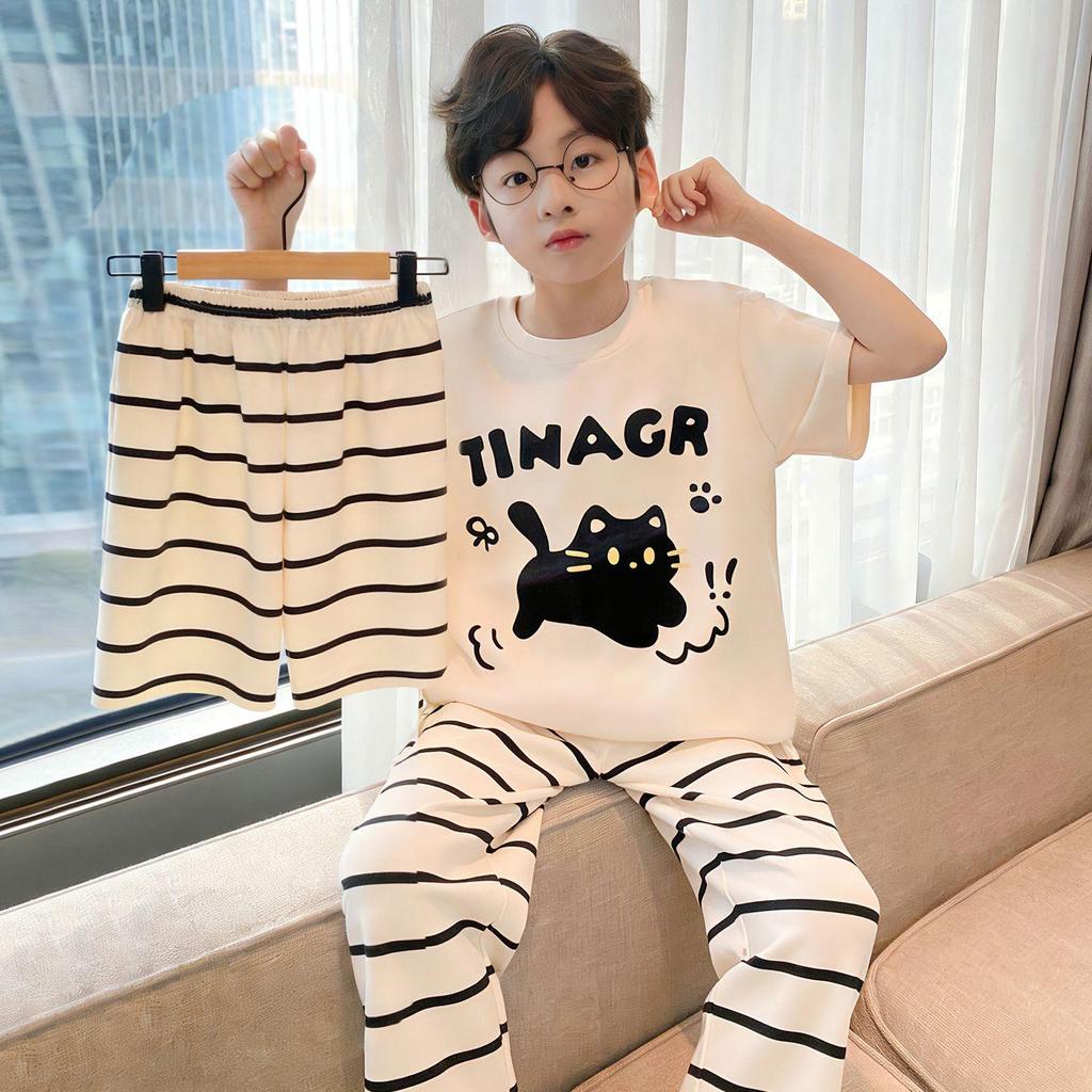 Children's Summer Pajama Set: 3-Piece Short-Sleeve Top, Long Pants, Boys' Medium & Large Air Conditioning Suit