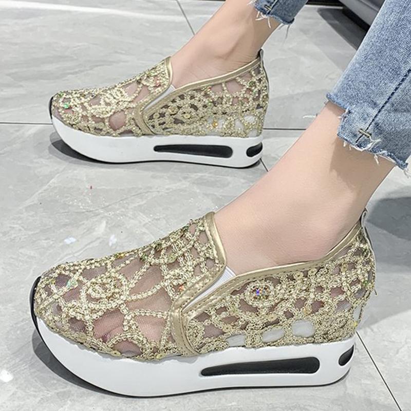 Fashion Spring Autumn Luxury Crystal Sneakers Women Breathable Mesh Sports Shoes for Woman Retro Low Top Platform Vulcanize Shoes Lady