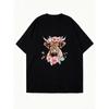 Oversized T Shirt Black Cow With Flower Crown And Roses Print Casual Streetwear For Women
