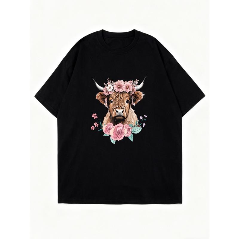 Oversized T Shirt Black Cow With Flower Crown And Roses Print Casual Streetwear For Women