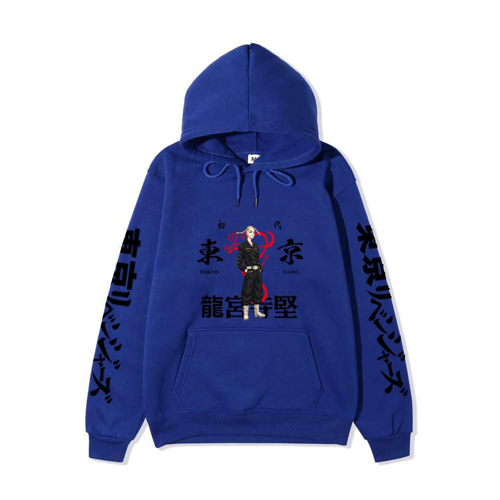 Tokyo Revengers Hoodie with Ryuguji Ken Print, Long Sleeve Pullover Sweatshirt, Anime Street Casual Unisex Sweatshirt with Japanese Text Sleeves