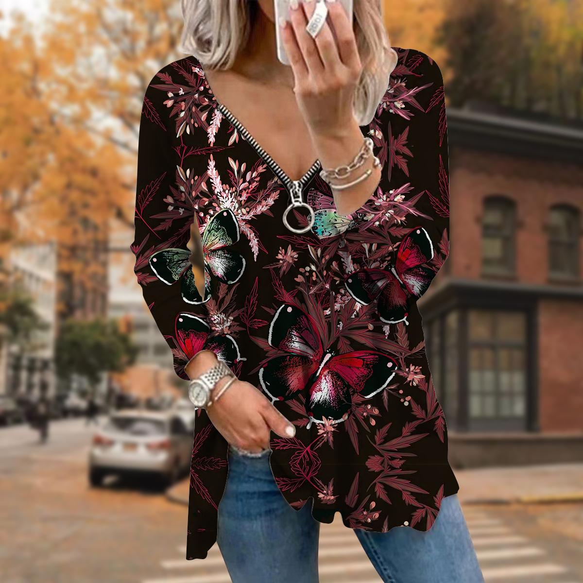 

Женские осенние футболки с длинным рукавом с принтом бабочек, свободные футболки больших размеров с V-образным вырезом, удобные блузки 8XL красный