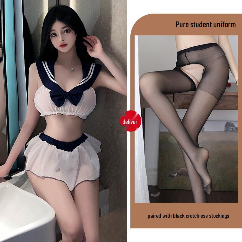 Sensual See-Through Lingerie Set: Seductive Mini Skirt & Cute School Uniform Nightwear for Women