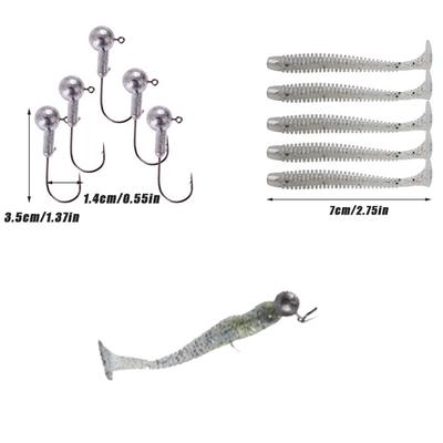 Isca de pesca 5 peças 7g Jig Head Hooks e isca macia de pesca Bass Fishing Bait Grub Worm Swimbai