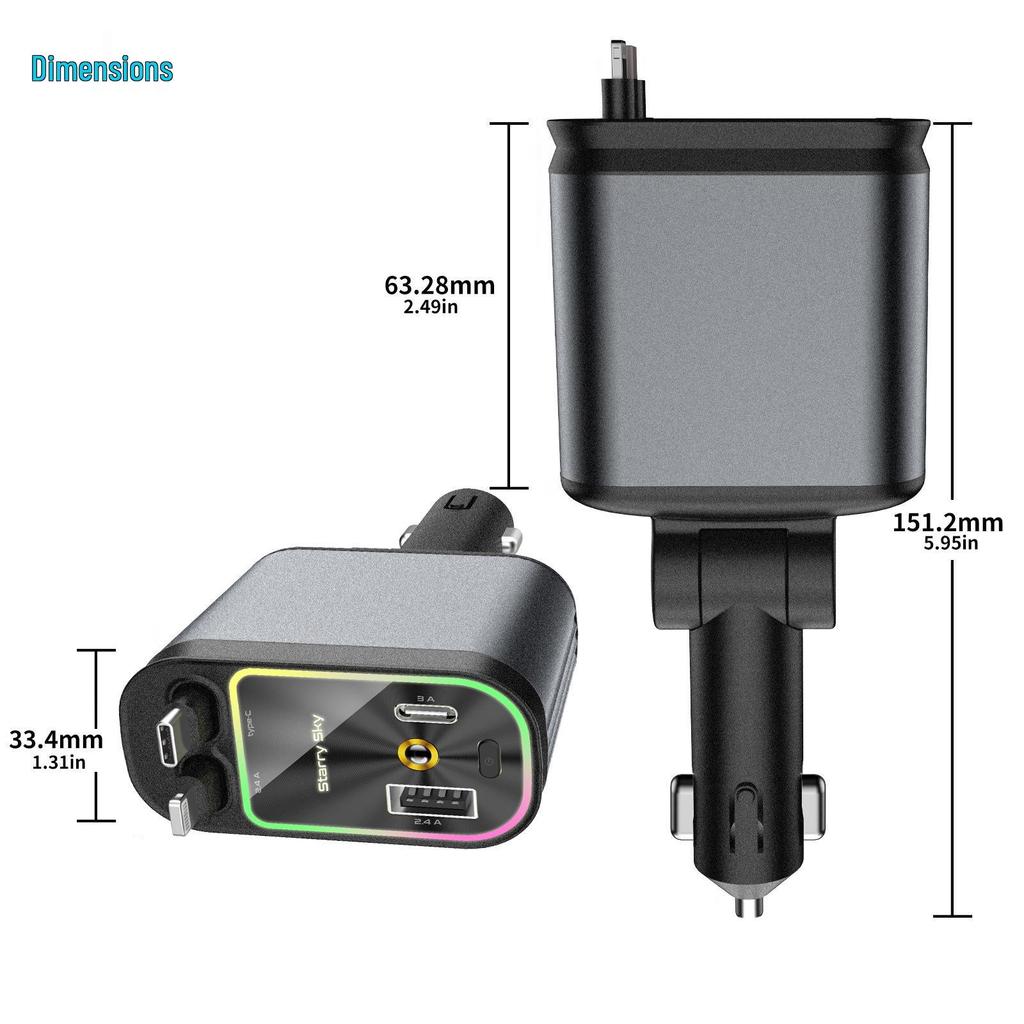 Retractable Four-in-One Car Charger with Starry Sky Light & Alloy Finish for Apple & Huawei