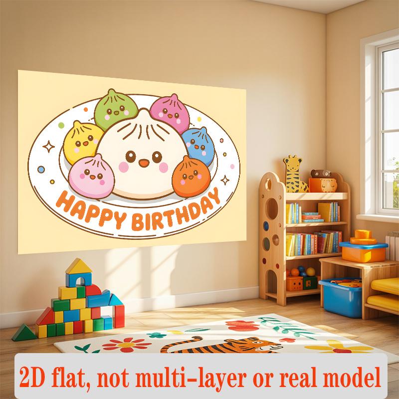 Steamed Bun Birthday Backdrop, Adorable Cartoon Baozi Wall Decor for Party