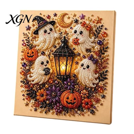Handgemachtes Geschenk für Bastelfreunde 2 Stück Halloween Kunst mit Kunstperlen, Geisterkürbis Hexe Krähe Malerei DIY Funkelndes Perlen-Set Kit, 3D Totenkopf