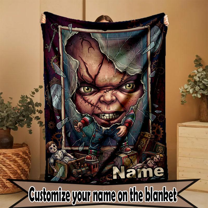 Custom Name Personalized Horror Theme Chucky Print Blanket, Home Decor, Bedroom, Sofa, Camping, Couch, Gifts for Birthday Christmas