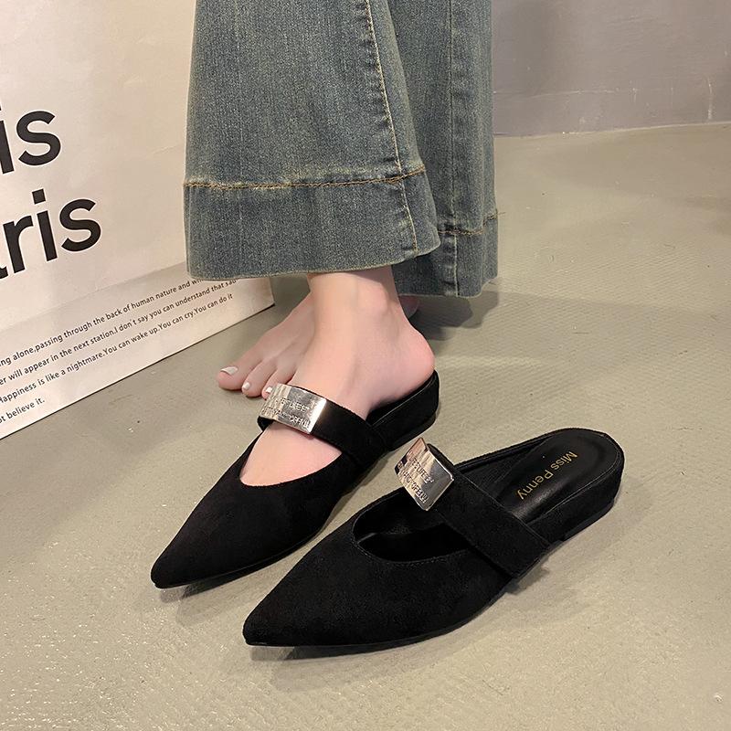 French pointed toe bag head half slippers women's 2025 autumn new wear thick heel versatile slippers temperament fashion shoes