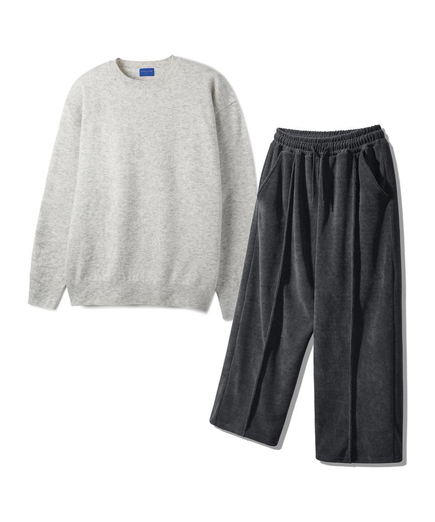 ALVINCLO [Set] Basic Round Knit Pintuck Wide Elastic Pants Set