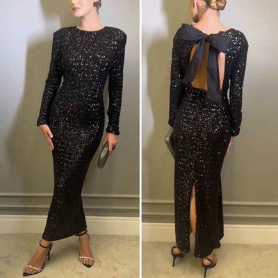 Sexy Backless Lace-up Maxi Dress Shiny Sequins Elegant Evening Gown Bow Shoulder