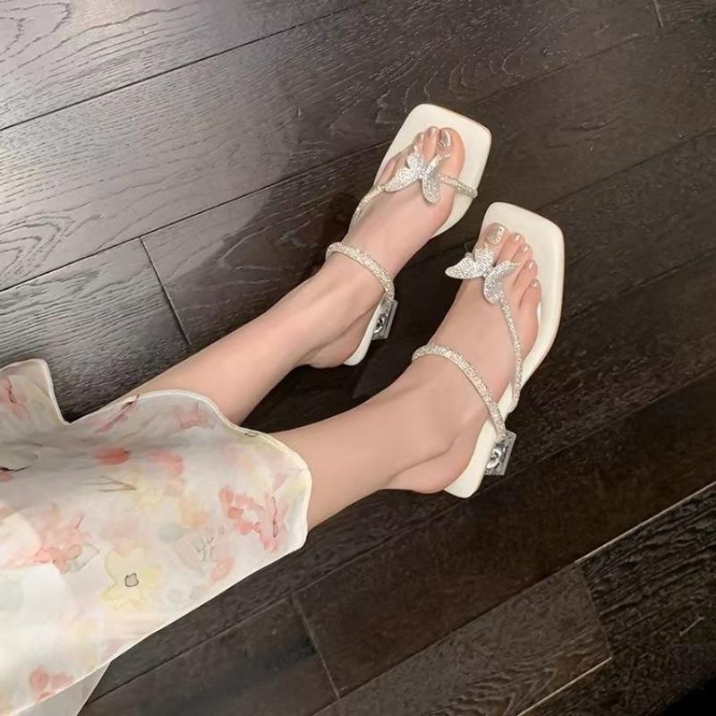 

Fashion French Elegant High Heel Slippers Ladies New Outdoor Wear Summer Fashion Crystal Butterfly Thick Heel Sandals Clip Toe Slippers 35