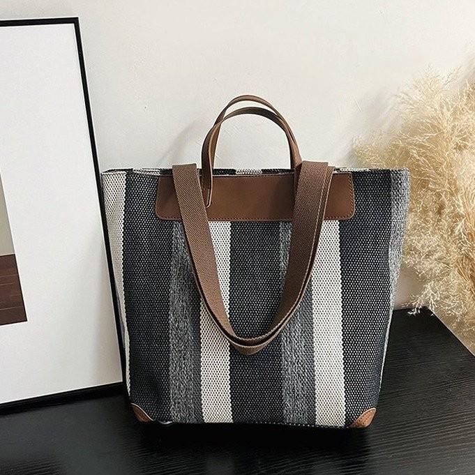Large Stylish Color Block Striped Canvas Tote Bag For Women In Blue Black Or Khaki