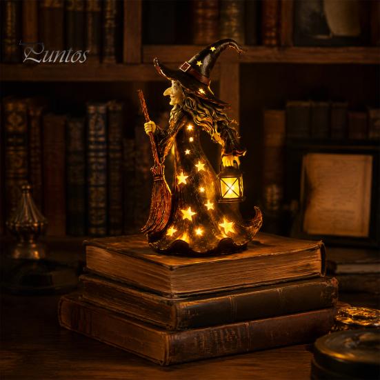 Unique Halloween Gift for Friends Witch Figurine with Star Light, Resin Tabletop Nightlight Lantern, Sturdy Craft Statue Wizard Hat Broom Indoor